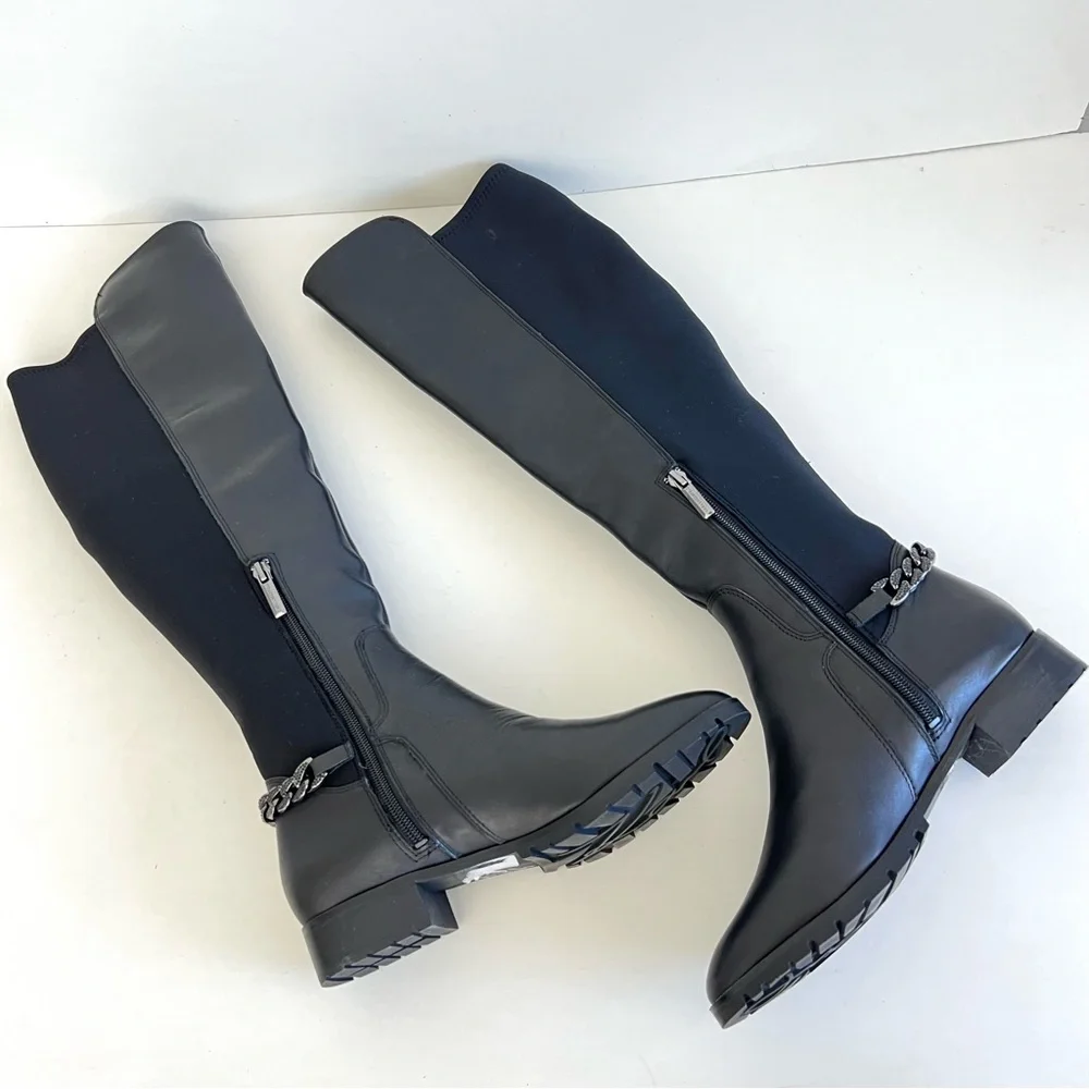 KARL LAGERFELD Paris Shay Leather Textile Chain Over-The-Knee Boots Sz 8 M NWOB